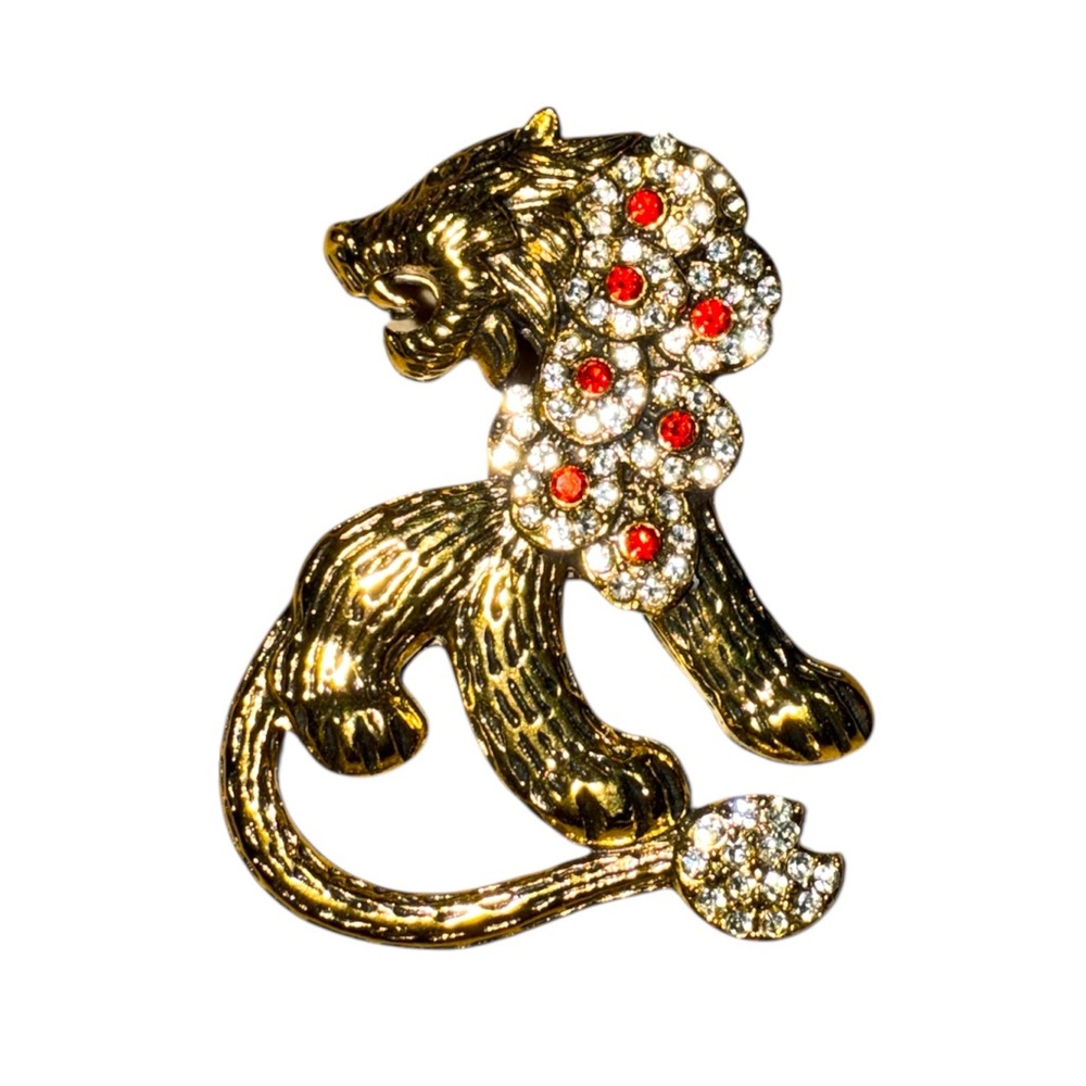 Lion Brooch with Red and Clear Accents in Gold Tone